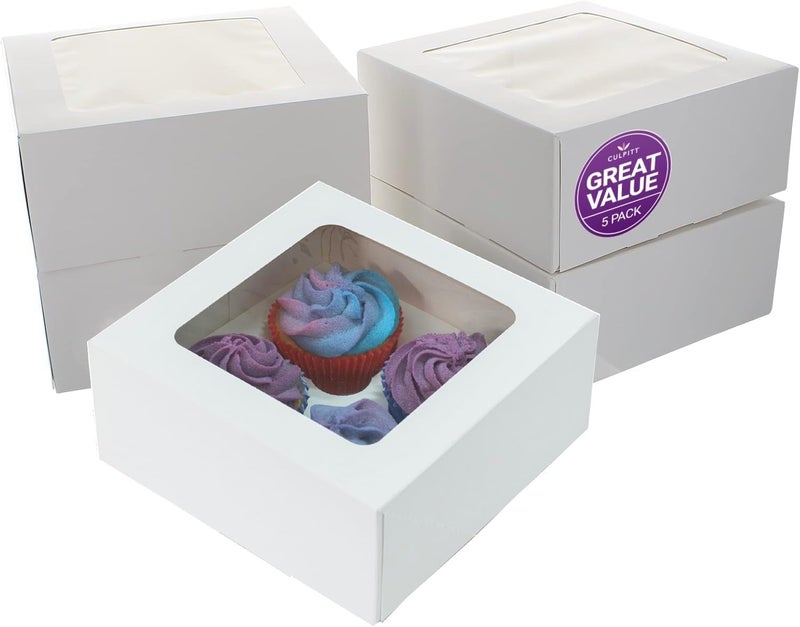 Culpitt 4 Hole Cupcake Box, 5 Pack, White Cupcake Boxes For Carrying And Displaying Tasty Muffins, Fairy Cakes, And Treats - Image 1