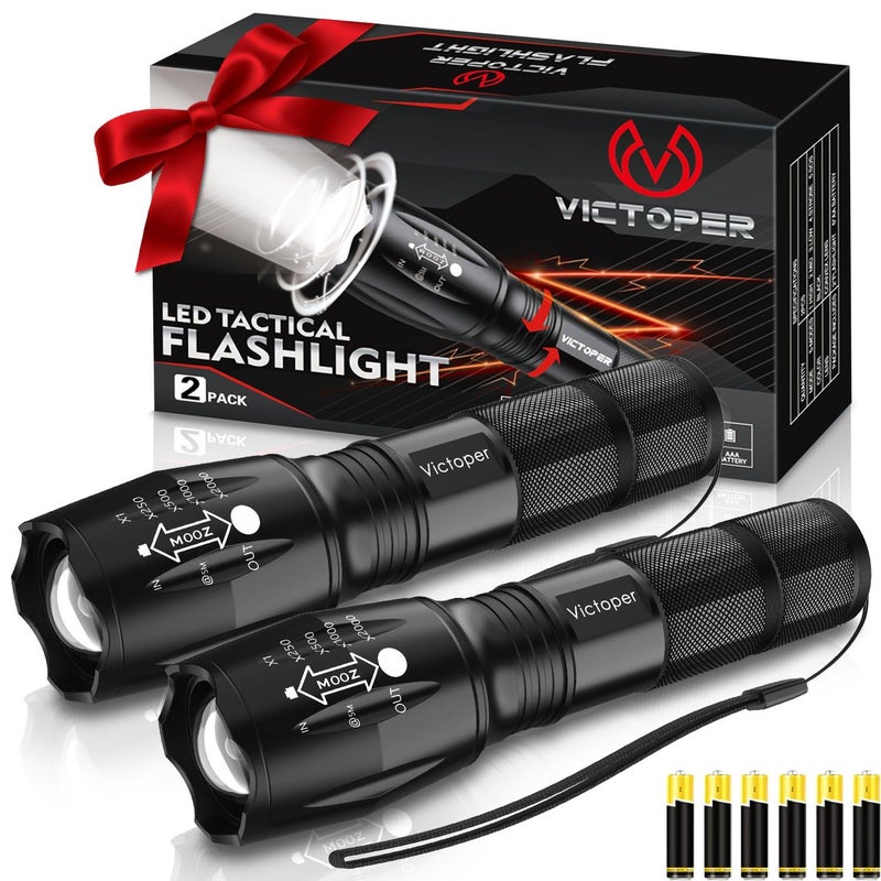 Victoper LED Flashlight 2 Pack, Bright 2000 Lumens Tactical Torch High Lumens with 5 Modes, Waterproof Zoomable Flash Light for Outdoor, Gifts for Camping Essentials Gear - Image 1
