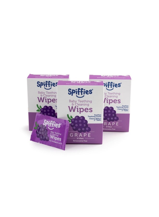 Spiffies مناديل العناية بالفم للأطفال - مناديل لثة وأسنان لتخفيف التسنين وتنظيف أسنان الرضع والأطفال الصغار - مناديل أسنان للأطفال مع زايليتول للأعمار من 0 إلى 12 شهرًا وما فوق (عنب 20 قطعة 3 عبوات) - Image 1