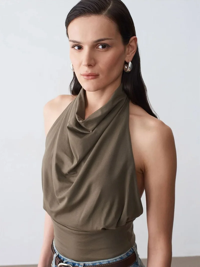 Dilvin Dilvin Fitted Sleeveless Cowl Neck Blouse