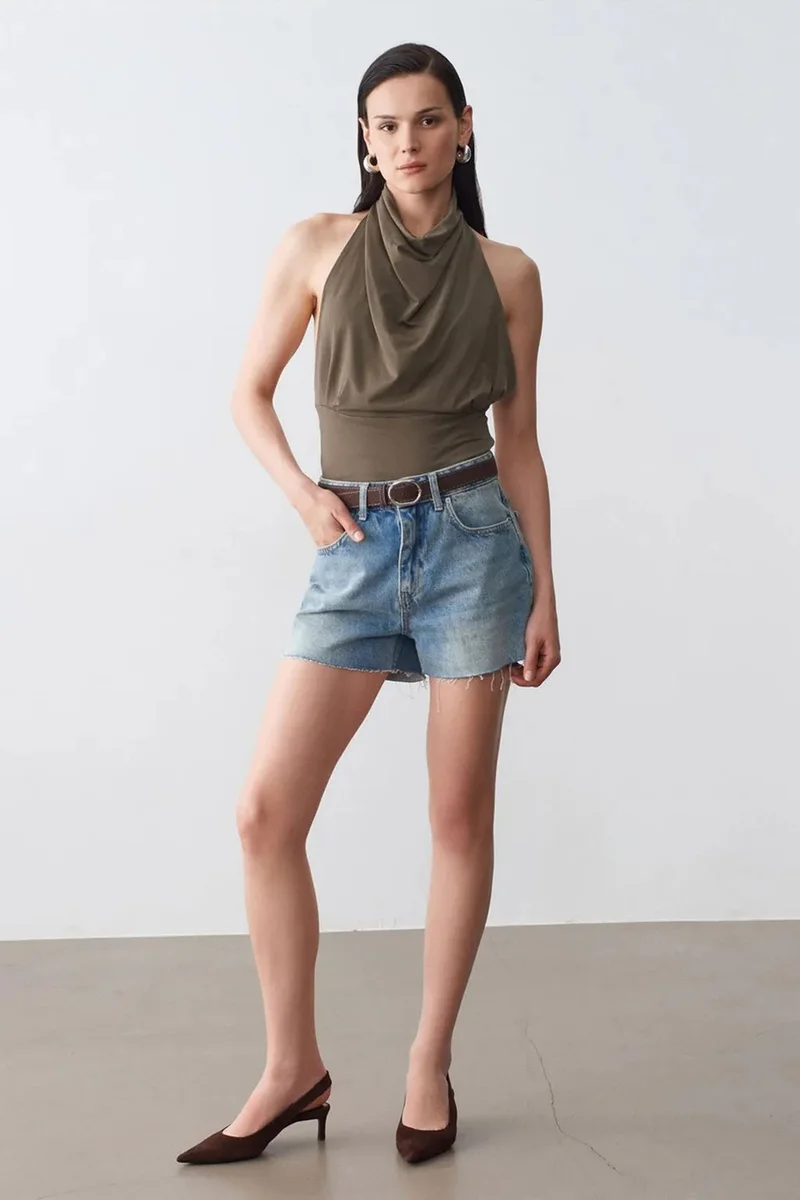 Dilvin Khaki Green DILVIN Fitted Sleeveless Cowl Neck Blouse for Women | Best Price UAE