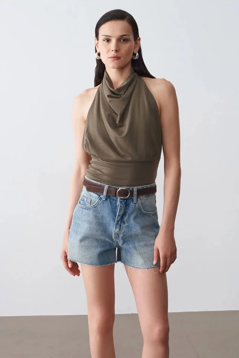 Dilvin Khaki Green DILVIN Fitted Sleeveless Cowl Neck Blouse for Women | Best Price UAE