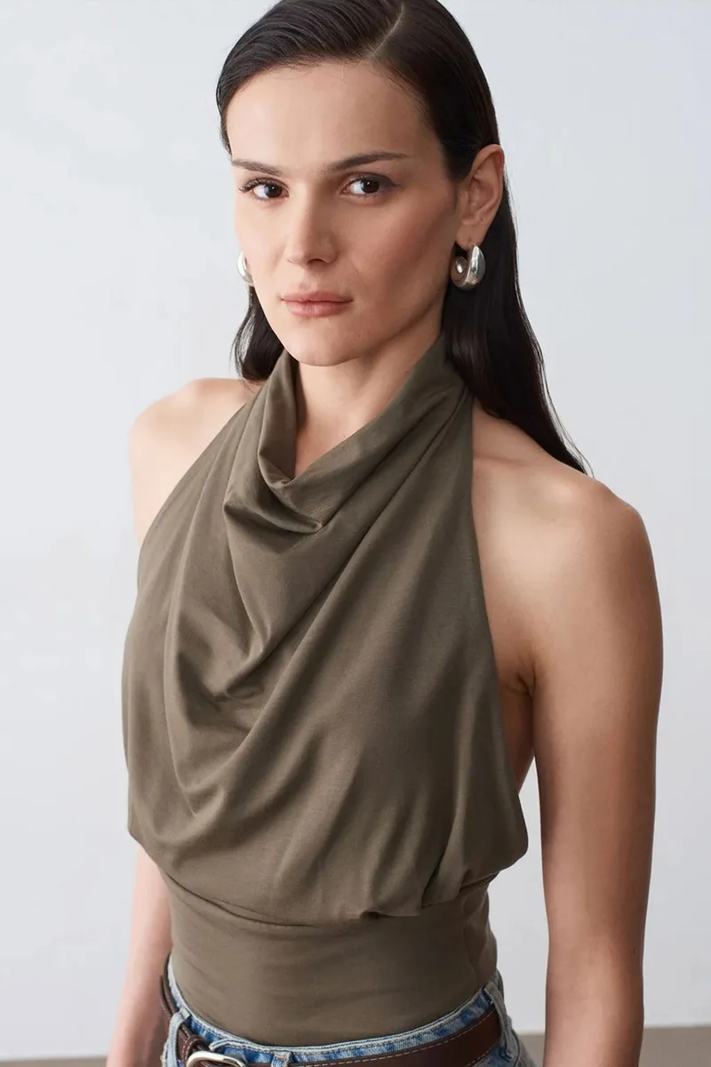 DILVIN Fitted Sleeveless Cowl Neck Blouse