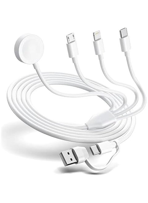 4 in 2 Multi Charging Cable for Apple Watch Charger, USB A/USB C Input Travel Charger with Lightning/Type C/Micro/Magnetic, Compatible with iPhone 15 14 13 iWatch 1-9 Galaxy S23 S22-1.2m (White)
