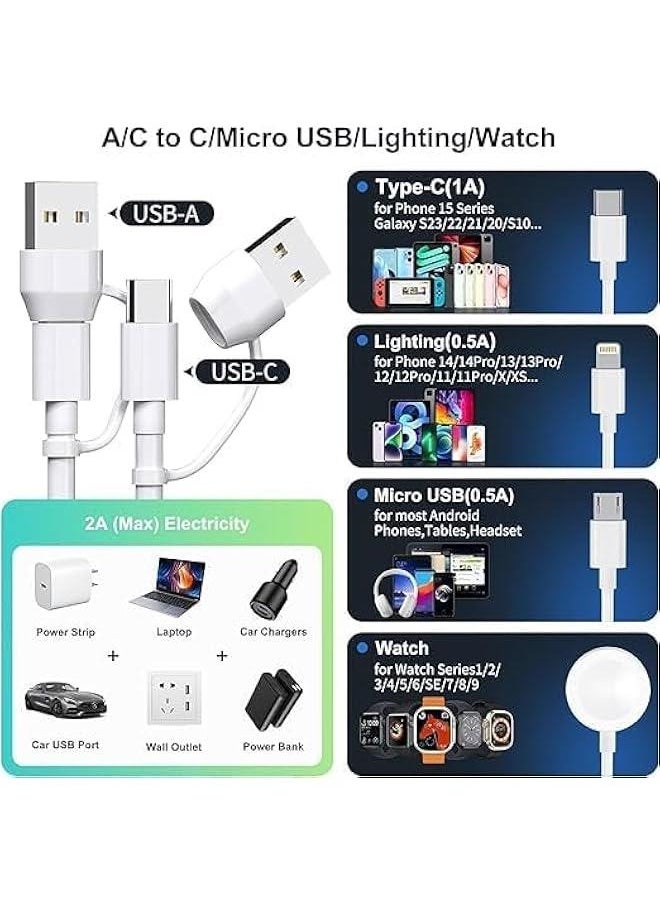 Generic - 4 in 2 Multi Charging Cable for Apple Watch Charger, USB A/USB C Input Travel Charger with Lightning/Type C/Micro/Magnetic, Compatible with iPhone 15 14 13 iWatch 1-9 Galaxy S23 S22-1.2m (White) - Image 1