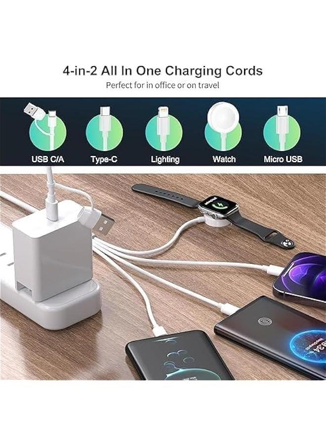 Generic - 4 in 2 Multi Charging Cable for Apple Watch Charger, USB A/USB C Input Travel Charger with Lightning/Type C/Micro/Magnetic, Compatible with iPhone 15 14 13 iWatch 1-9 Galaxy S23 S22-1.2m (White) - Image 1