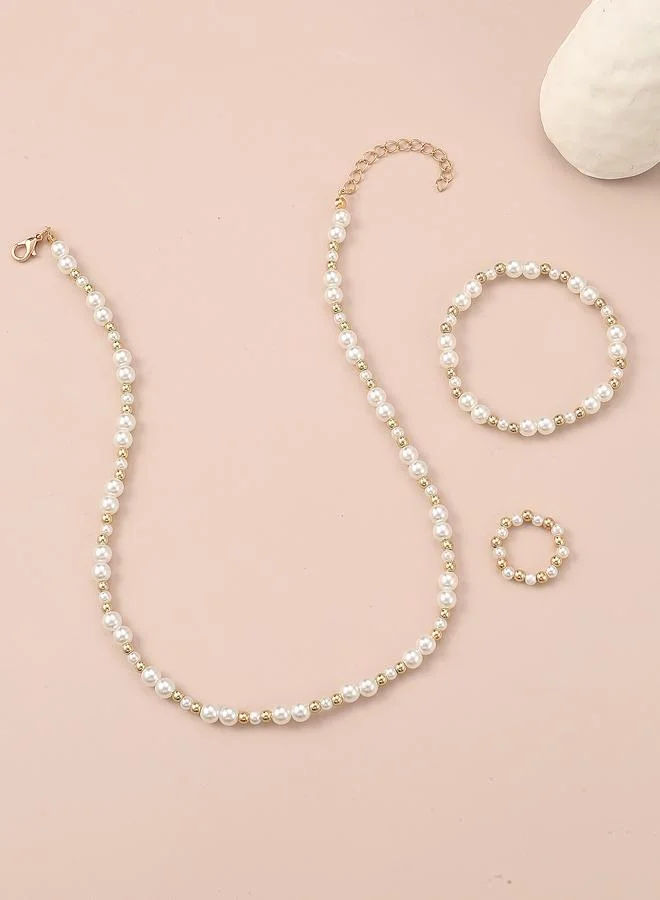 Take Two  Girls Pearl and Gold Tone Beaded Necklace, Bracelet and Ring Set for Women | Best Price UAE