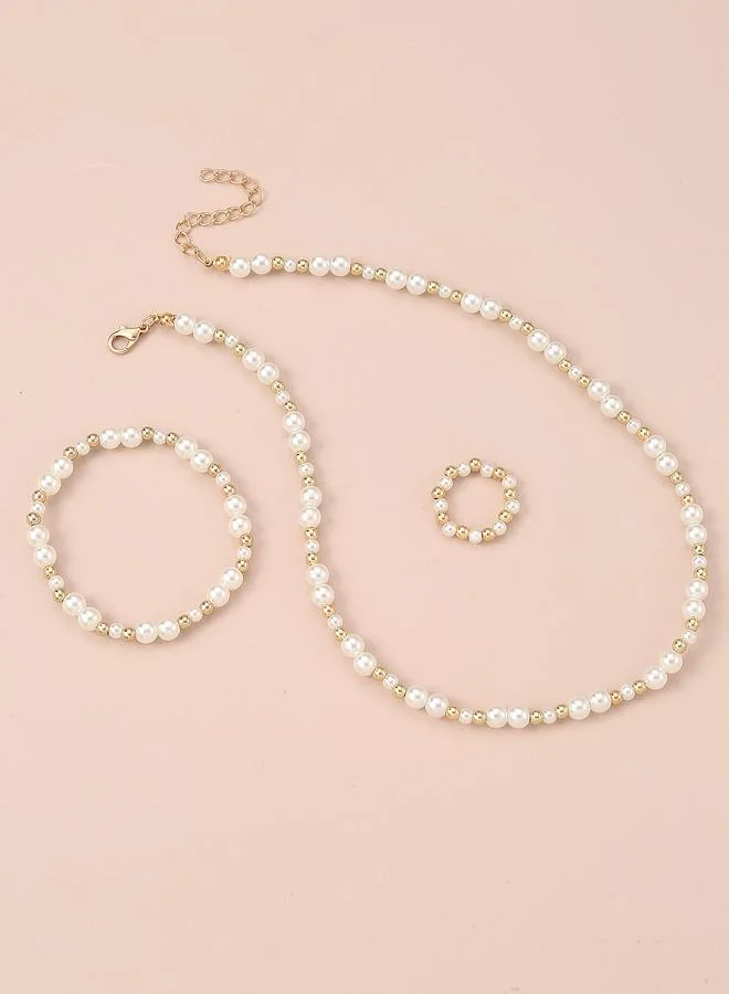 Take Two  Girls Pearl and Gold Tone Beaded Necklace, Bracelet and Ring Set for Women | Best Price UAE