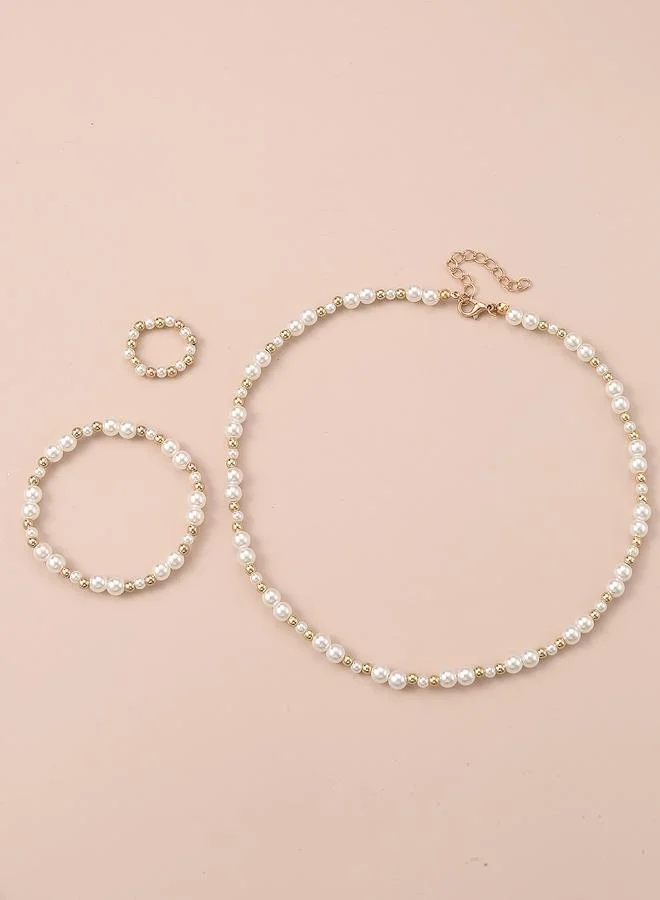 Take Two  Girls Pearl and Gold Tone Beaded Necklace, Bracelet and Ring Set for Women | Best Price UAE