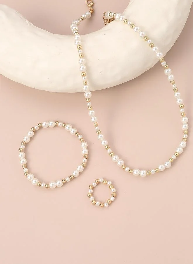 Girls Pearl and Gold Tone Beaded Necklace, Bracelet and Ring Set