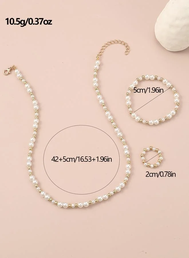 Take Two  Girls Pearl and Gold Tone Beaded Necklace, Bracelet and Ring Set for Women | Best Price UAE
