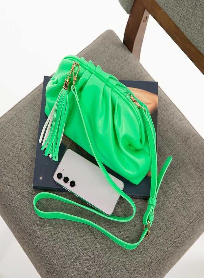 JNB Dumpling Bag for Women Neon Lime Cloud Clutch Purse Soft PU Leather Tassel Crossbody Shoulder Handbag Magnetic Closure Zip Pocket Party Wedding Cocktail Evening Outfit Trendy,S/Lime - Image 2