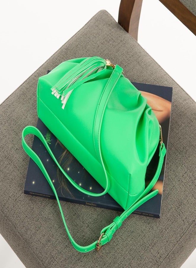 JNB Dumpling Bag for Women Neon Lime Cloud Clutch Purse Soft PU Leather Tassel Crossbody Shoulder Handbag Magnetic Closure Zip Pocket Party Wedding Cocktail Evening Outfit Trendy,S/Lime - Image 3