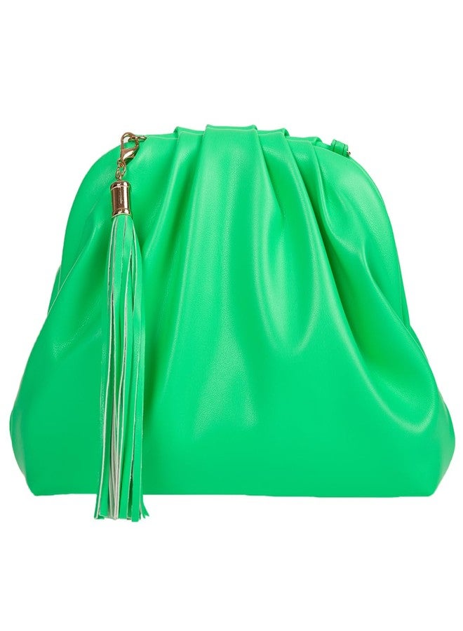 JNB Dumpling Bag for Women Neon Lime Cloud Clutch Purse Soft PU Leather Tassel Crossbody Shoulder Handbag Magnetic Closure Zip Pocket Party Wedding Cocktail Evening Outfit Trendy,S/Lime - Image 1