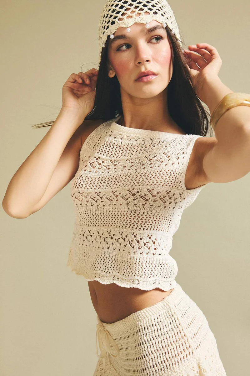 ديفاكتو Regular Fit Boat Neck Openwork Knit Blouse