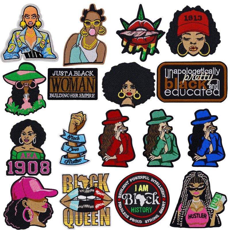 Kleeblatt 17pcs Black Woman Empowerment Embroidered Iron on Patches - Bold Cultural DIY Applique for Adults, Iron on/Sew on Decor for Clothing Jackets Bags Hats - Image 1