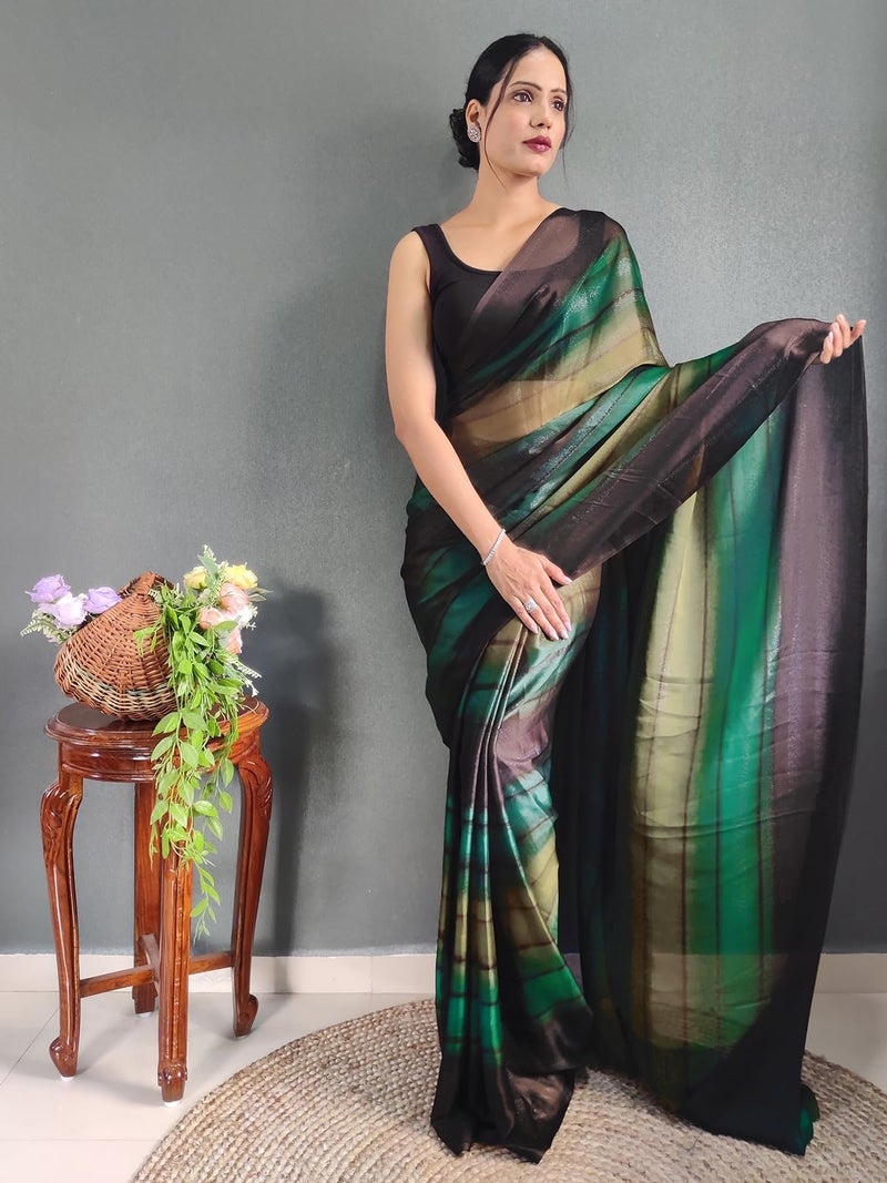SIRIL Women's Georgette Printed Ready To Wear Saree, One Minute Stitched Saree With Unstitched Blouse Piece (3374S365_Green) - Image 3