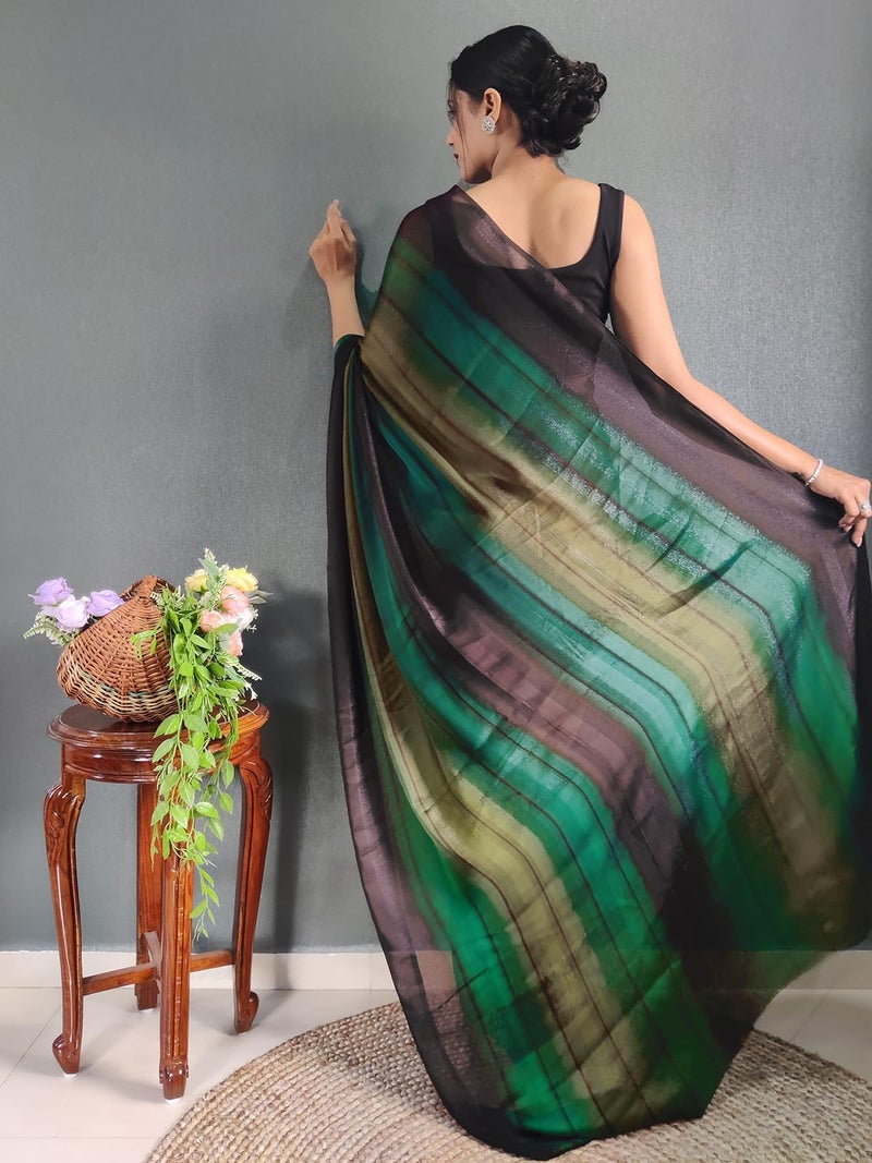 SIRIL Women's Georgette Printed Ready To Wear Saree, One Minute Stitched Saree With Unstitched Blouse Piece (3374S365_Green) - Image 2