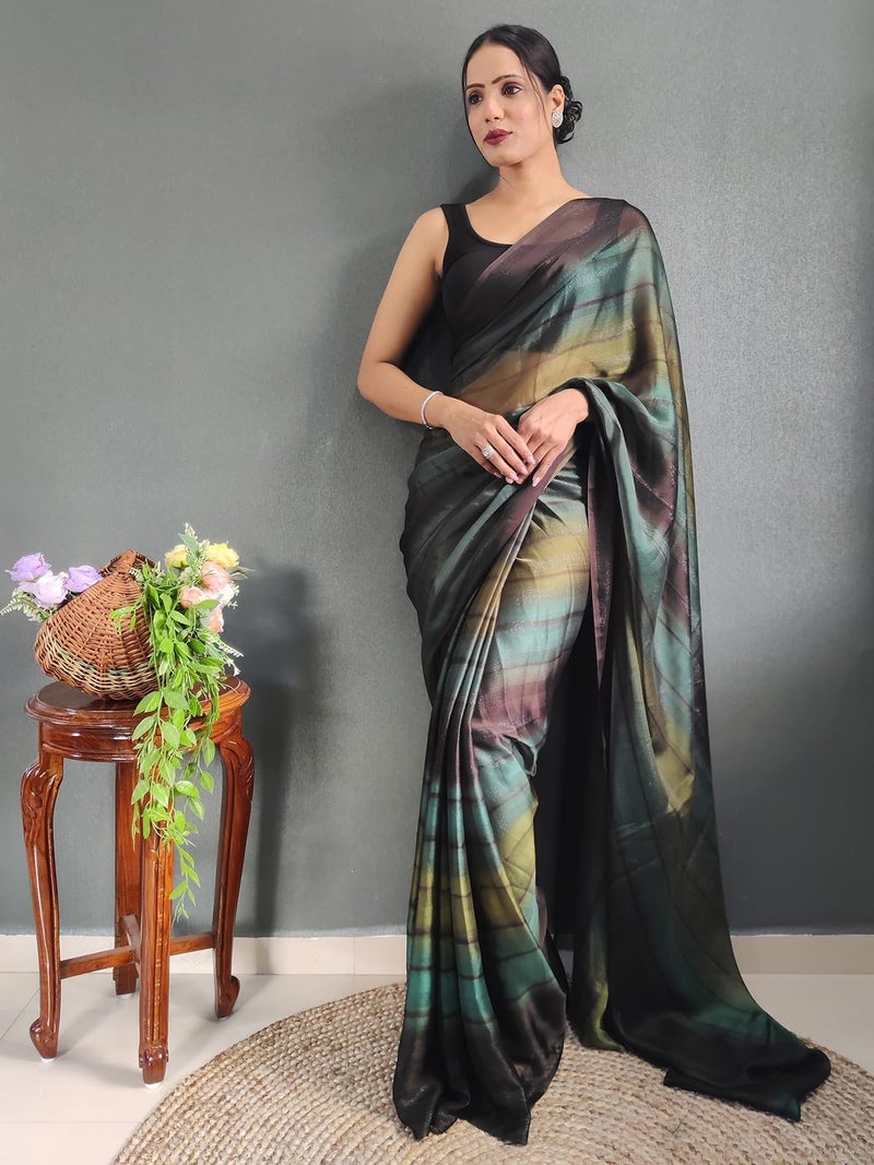 SIRIL Women's Georgette Printed Ready To Wear Saree, One Minute Stitched Saree With Unstitched Blouse Piece (3374S365_Green) - Image 5