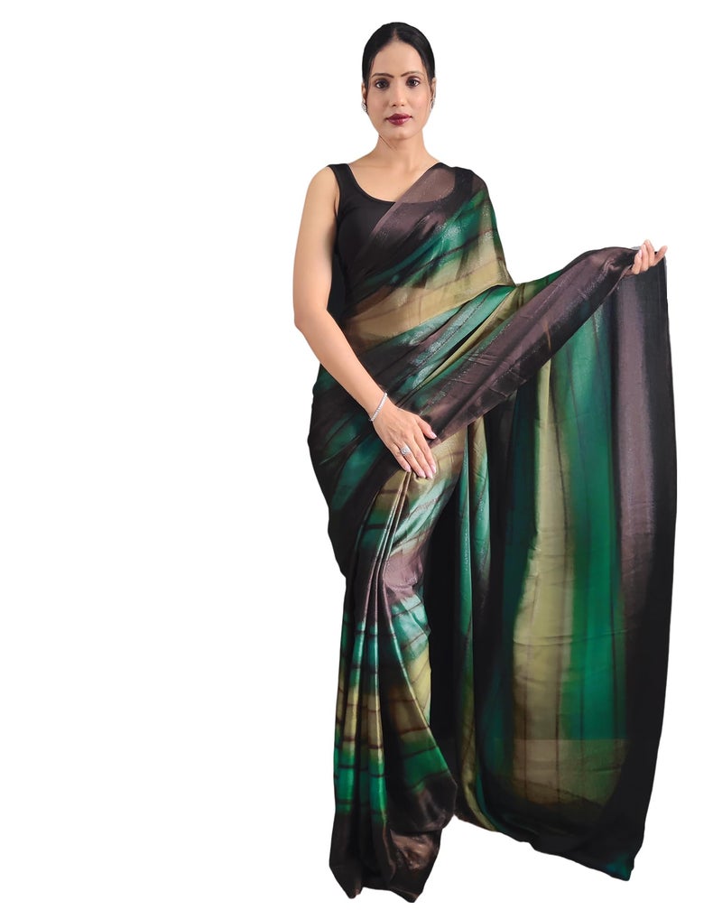 SIRIL Women's Georgette Printed Ready To Wear Saree, One Minute Stitched Saree With Unstitched Blouse Piece (3374S365_Green) - Image 1