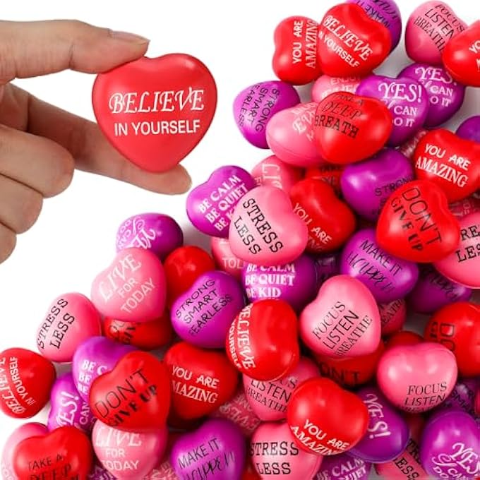 Jerify 100 Pcs Valentines Day Heart Stress Balls 1.5 Inch Mini Stress Relief Balls Small Heart Shape Stress Ball Party Favors Valentines Day Gifts for Little Teens(Inspirational Style) - Image 1