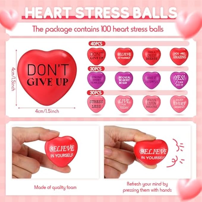 Jerify 100 Pcs Valentines Day Heart Stress Balls 1.5 Inch Mini Stress Relief Balls Small Heart Shape Stress Ball Party Favors Valentines Day Gifts for Little Teens(Inspirational Style) - Image 2