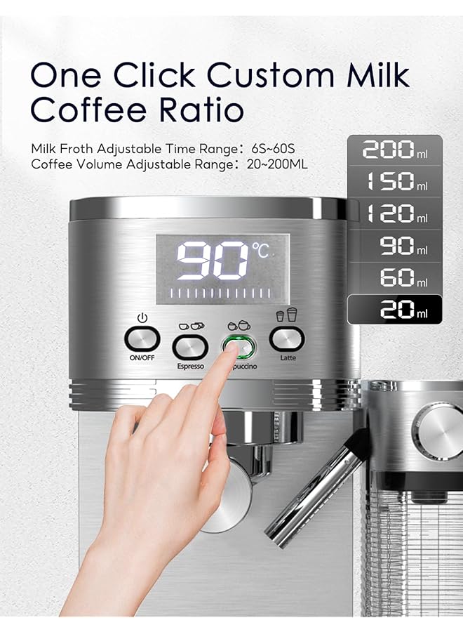 erorex 6 In 1 Espresso Machine 20Bar Coffee Machine With Automatic Milk Frother System One Touch Espresso Latte And Cappuccino Machine With Double Heating Systems And Self Cleaning1.3L 1350W - Image 5