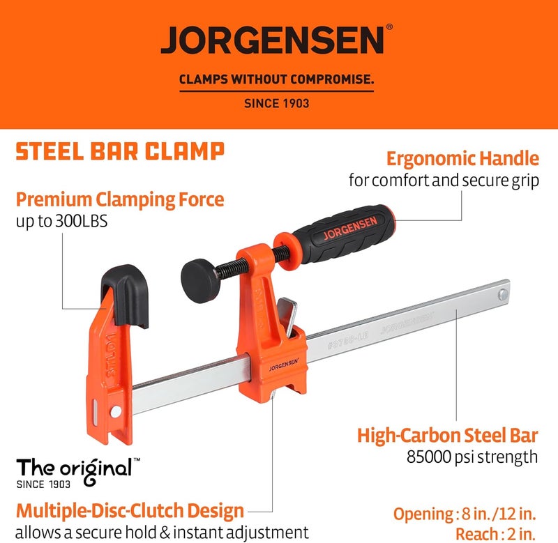 Jorgensen 2-Piece Steel Bar Clamp Set, Light Duty F-Clamp, 8-inch & 12-inch - Image 2