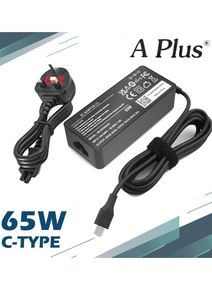 A PLUS 65W USB-C Power Adapter Fast Charging Laptop Charger Compatible with Lenovo ThinkPad, Dell XPS, HP EliteBook, and MacBook - Black - Image 1