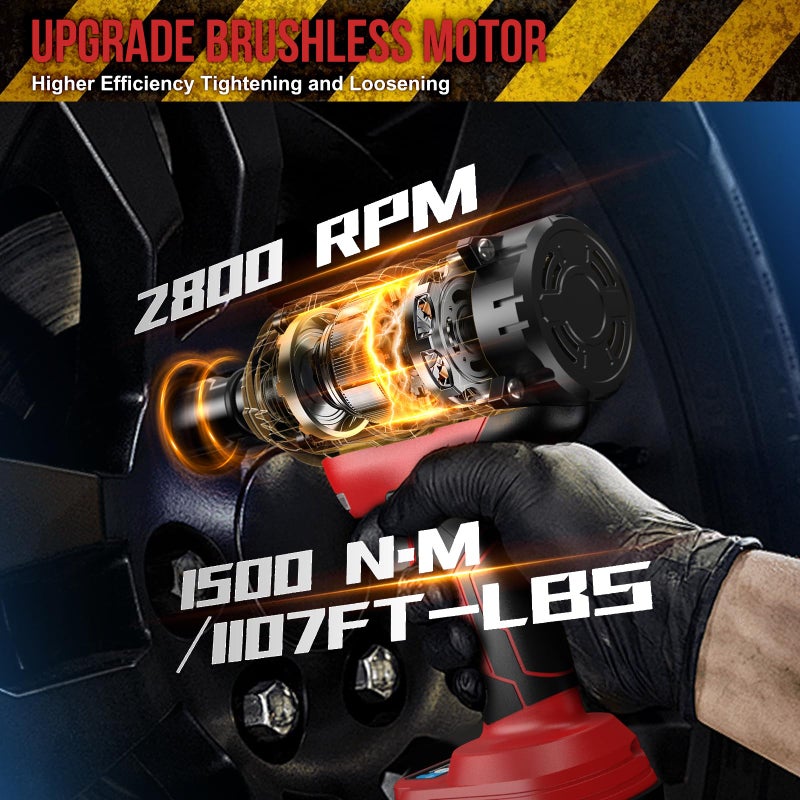 SundpeyPRO Cordless Impact Wrench 1107Ft-lbs(1500NÂ·m) - 1/2" 21V High Torque Brushless Power Impact Gun with 2x4.0Ah Batteries & 6 Sockets & Fast Charger & Case for Car & Truck & RV & Heavy Duty Use - Image 3