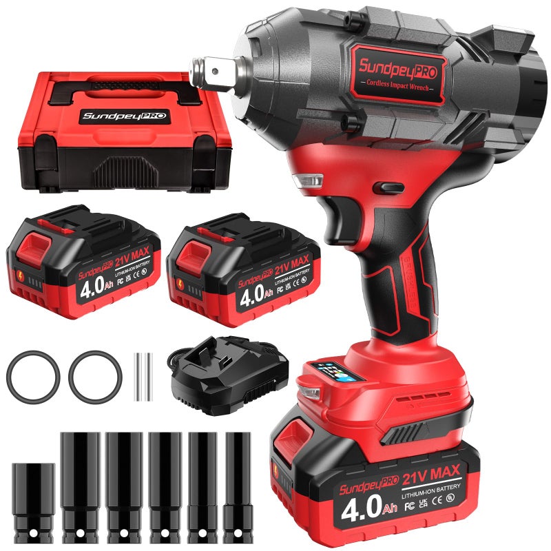 SundpeyPRO Cordless Impact Wrench 1107Ft-lbs(1500NÂ·m) - 1/2" 21V High Torque Brushless Power Impact Gun with 2x4.0Ah Batteries & 6 Sockets & Fast Charger & Case for Car & Truck & RV & Heavy Duty Use - Image 1