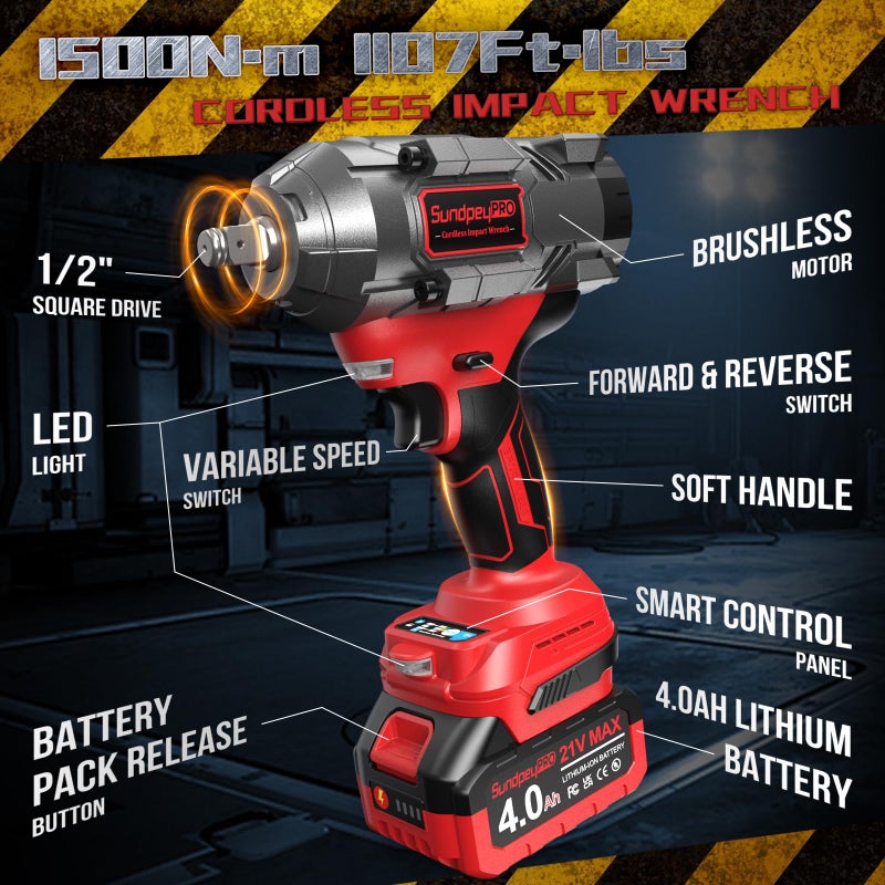 SundpeyPRO Cordless Impact Wrench 1107Ft-lbs(1500NÂ·m) - 1/2" 21V High Torque Brushless Power Impact Gun with 2x4.0Ah Batteries & 6 Sockets & Fast Charger & Case for Car & Truck & RV & Heavy Duty Use - Image 2