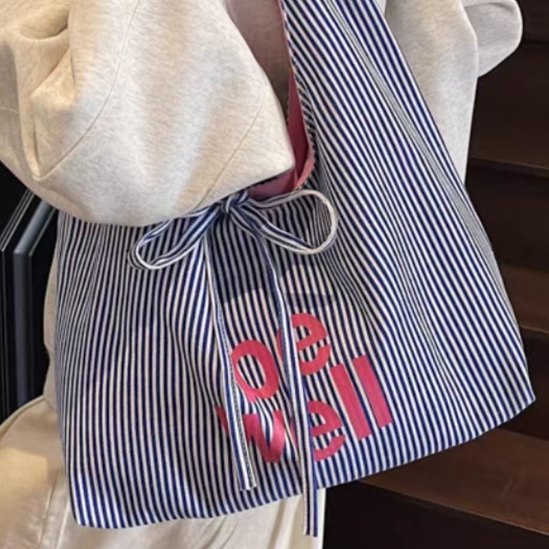Striped Canvas Bag For Women Women'S Double-Sided Tote Bag Casual Work Clothing Large Capacity Letter Shoulder Bag - Image 2