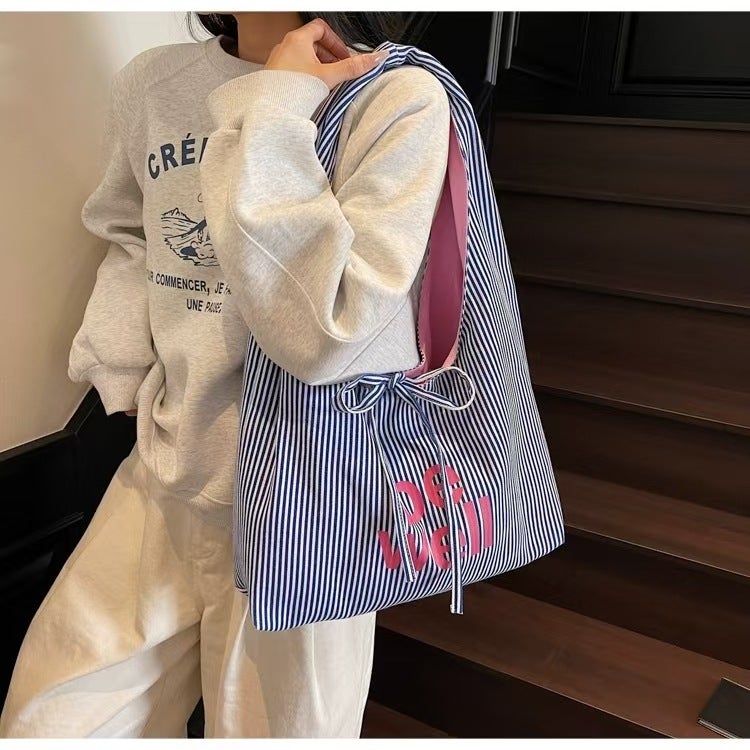 Striped Canvas Bag For Women Women'S Double-Sided Tote Bag Casual Work Clothing Large Capacity Letter Shoulder Bag - Image 1