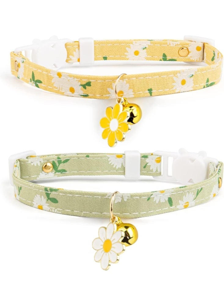 2 Pack Cotton Breakaway Cat Collars with Bell, Yellow & Green Flower Pendant, Cute Kitten Collar for Girl and Boy Cats - Image 1