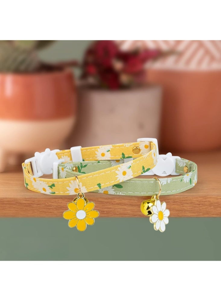 2 Pack Cotton Breakaway Cat Collars with Bell, Yellow & Green Flower Pendant, Cute Kitten Collar for Girl and Boy Cats - Image 3