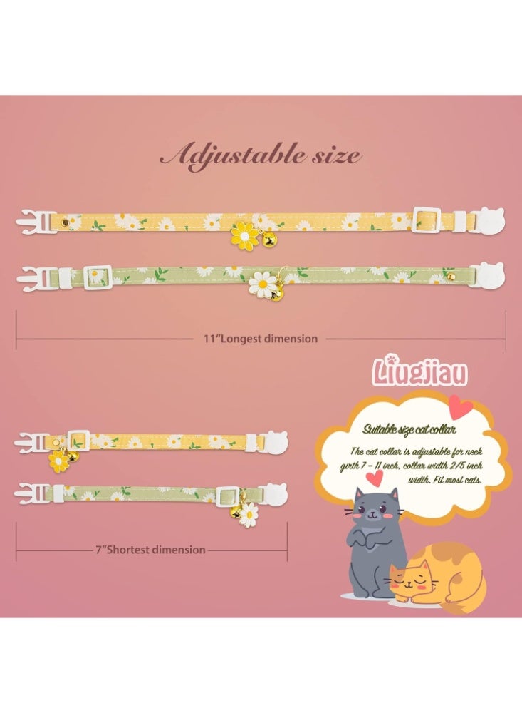 2 Pack Cotton Breakaway Cat Collars with Bell, Yellow & Green Flower Pendant, Cute Kitten Collar for Girl and Boy Cats - Image 2