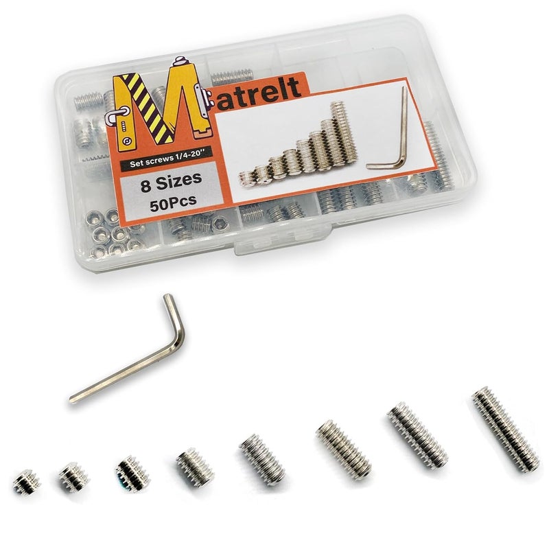 Matrelt 50pcs 1/4-20 8 Sizes Hex Socket Set Screws Assortment Kit, 304 Stainless Steel Cup Point Grub Screw for Bathroom Fixtures Door Handles Stripper Pole Rack Screws Precision Instrument ETS - Image 1
