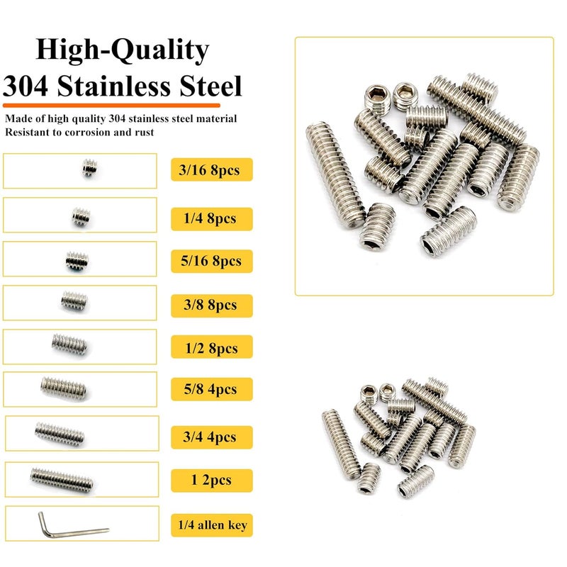 Matrelt 50pcs 1/4-20 8 Sizes Hex Socket Set Screws Assortment Kit, 304 Stainless Steel Cup Point Grub Screw for Bathroom Fixtures Door Handles Stripper Pole Rack Screws Precision Instrument ETS - Image 3