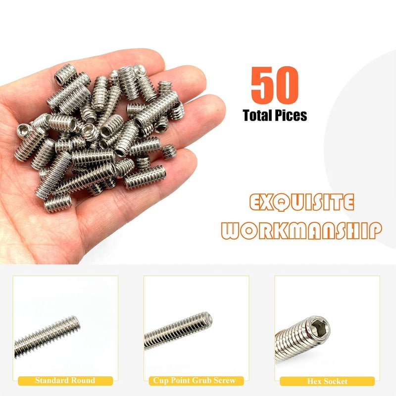 Matrelt 50pcs 1/4-20 8 Sizes Hex Socket Set Screws Assortment Kit, 304 Stainless Steel Cup Point Grub Screw for Bathroom Fixtures Door Handles Stripper Pole Rack Screws Precision Instrument ETS - Image 4
