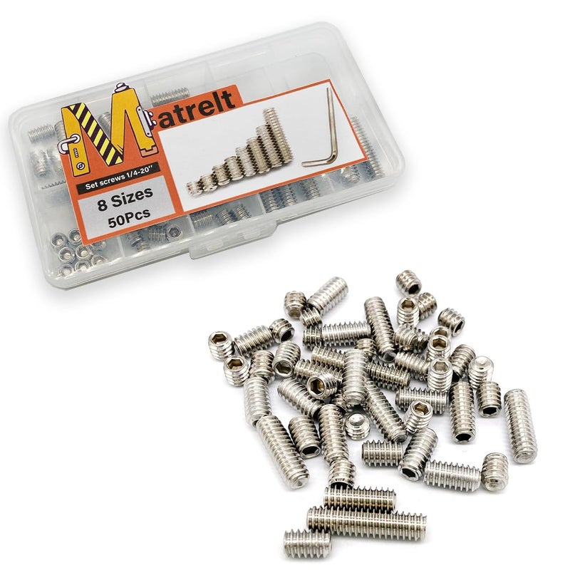 Matrelt 50pcs 1/4-20 8 Sizes Hex Socket Set Screws Assortment Kit, 304 Stainless Steel Cup Point Grub Screw for Bathroom Fixtures Door Handles Stripper Pole Rack Screws Precision Instrument ETS - Image 5