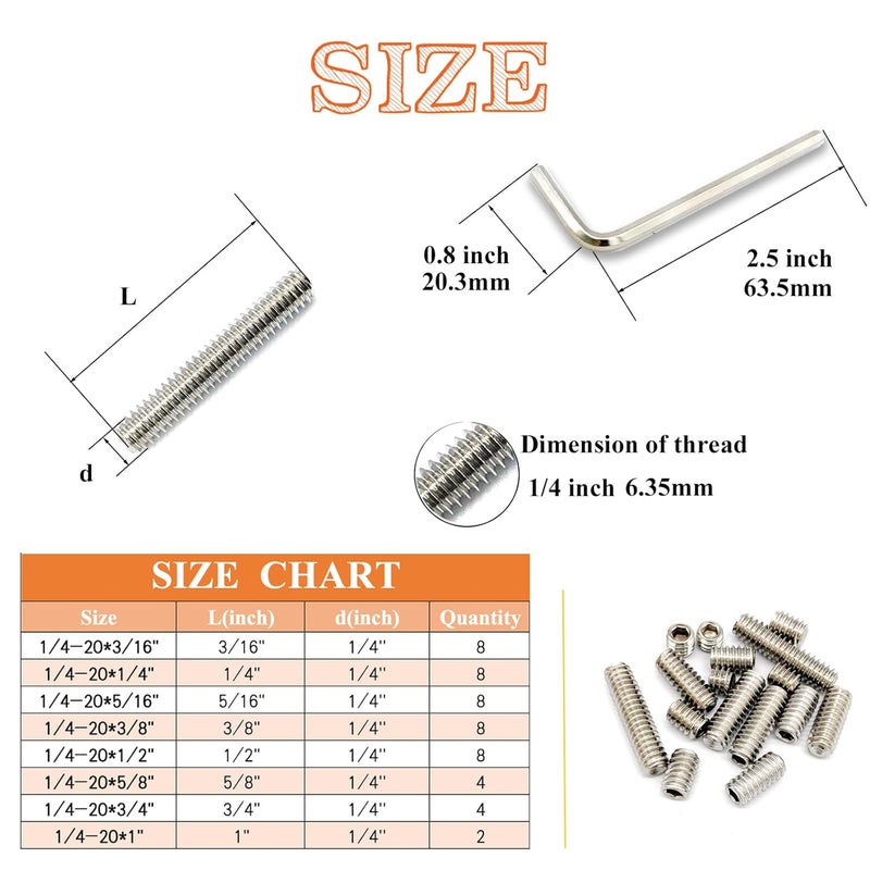 Matrelt 50pcs 1/4-20 8 Sizes Hex Socket Set Screws Assortment Kit, 304 Stainless Steel Cup Point Grub Screw for Bathroom Fixtures Door Handles Stripper Pole Rack Screws Precision Instrument ETS - Image 2