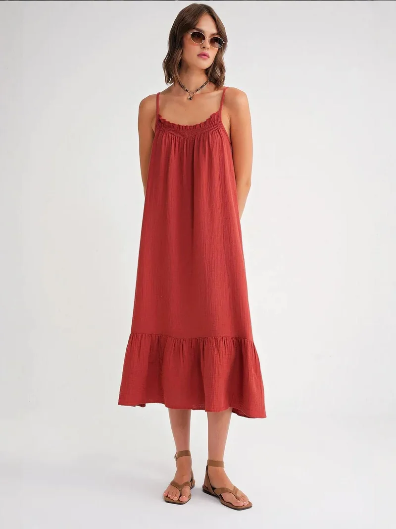 MixRay Mixray Midi Muslin Dress with Ruffle Detail