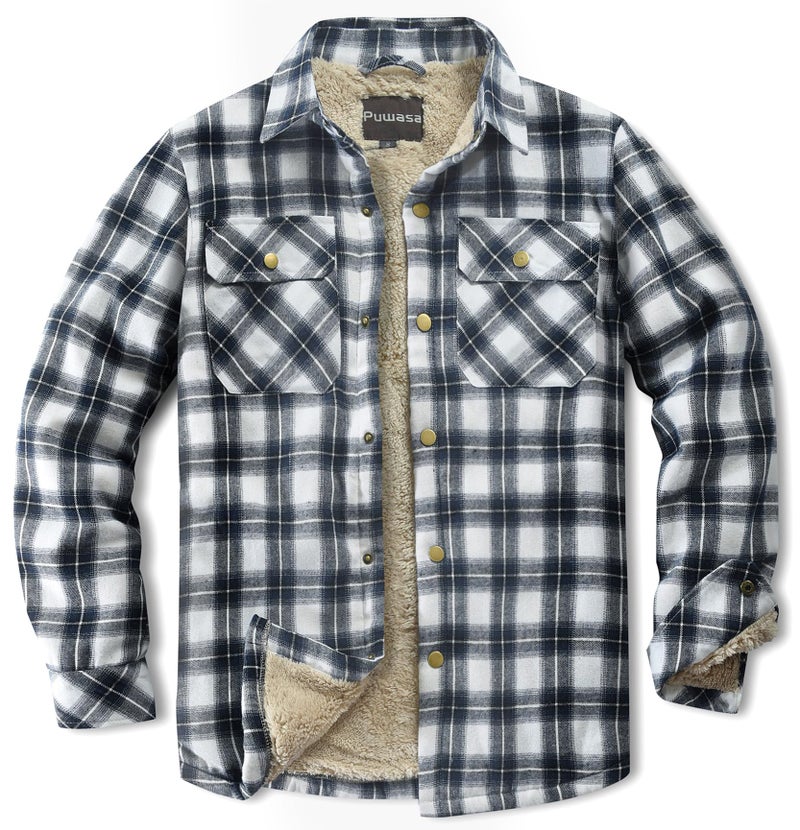 Puwasa Mens Flannel Shirt Jacket Fleece Lined Lightweight Jacket Work Button Up Coat for Men Blue Large