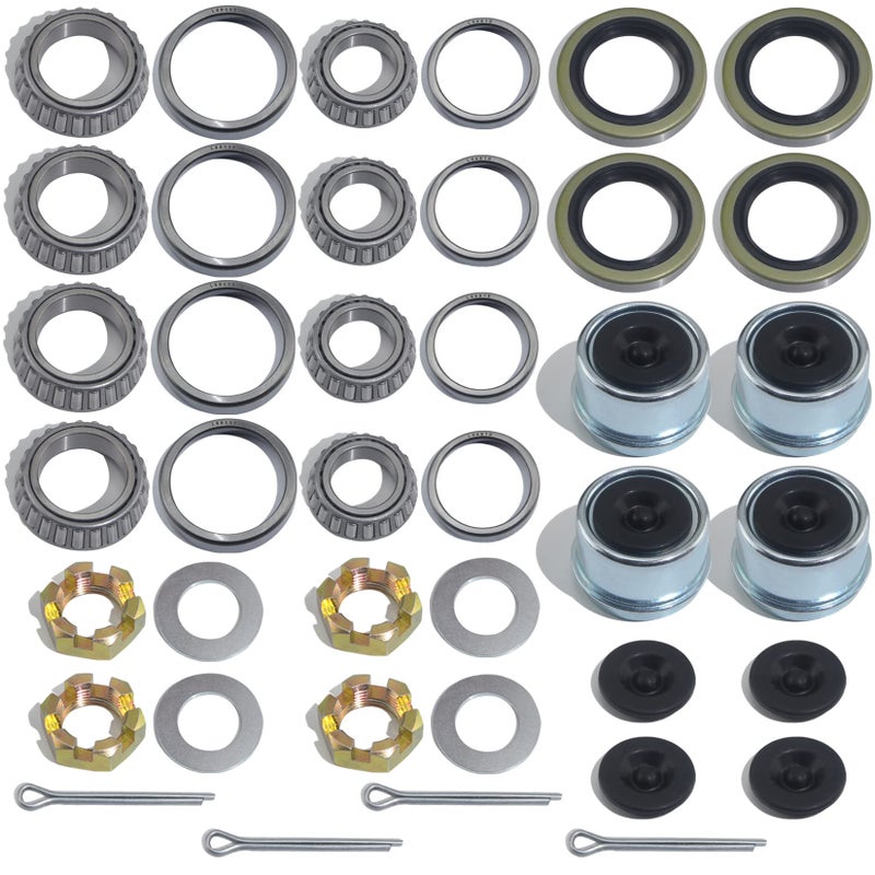 GREPSPUD 4Sets L68149 L44649 Trailer Axle Hub Bearings Kit with 171255TB Grease Seals, 1.98'' Trailer Dust Caps, Cotter Pins, Axle Nuts & Washers for 3500 lbs 1-3/8'' to 1-1/16'' #84 Spindle - Image 1