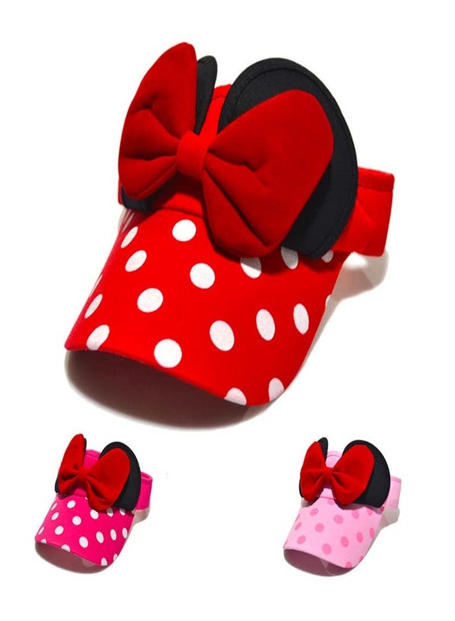 D.O.T Mouse Ear Hat Baby Toddler Girls Sun Visor Hat Adjustable Polka Dots Empty Top Baseball Cap with Bow for Kids Ages 1-5 (Red) - Image 2