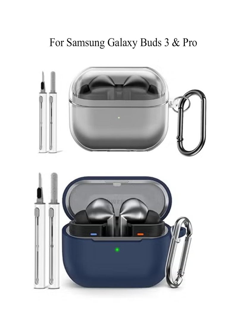 X-level 2Pcs Samsung Galaxy Buds 3 & Pro Case with Cleaner Kit, Clear Case with Carabiner, Premium TPU Cover, Wireless Charging, Headphone Accessories (Clear Blue) - Image 1