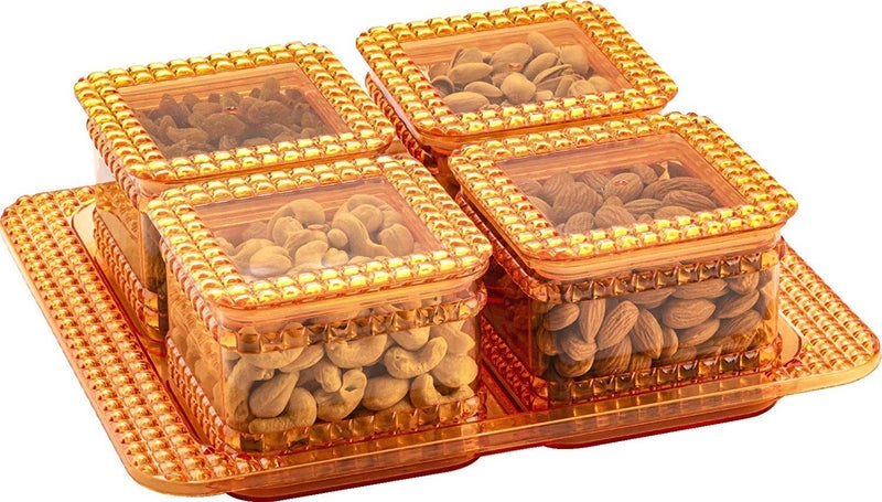 Nabhya Crysta Plastic Square Dry Fruit Container with Tray Set with Lid & Serving Tray, Storage Container Box 100% Air-Tight - 500 ml Plastic Grocery Container (Orange, 4 Pic Set) - Image 1