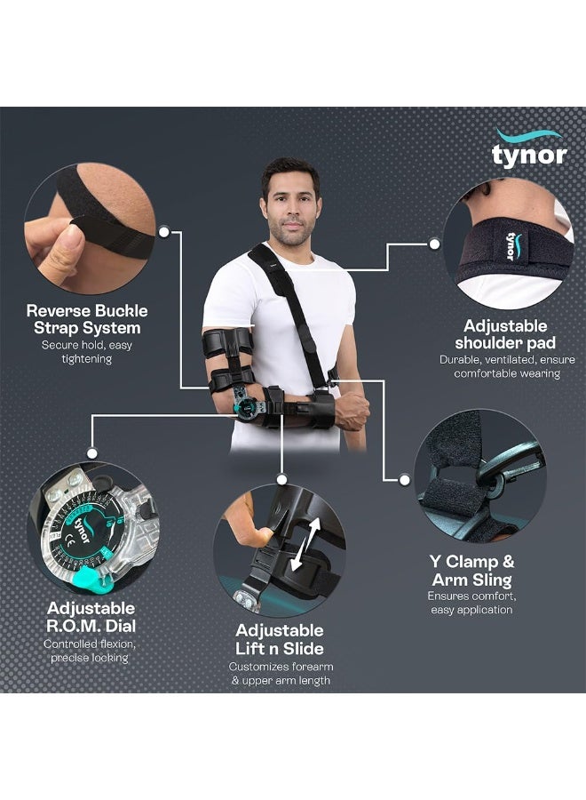 TYNOR ROM Elbow Brace, with Adjustable Range of Motion | Support Elbow Injuries, Post-Surgery Recovery, Stabilizing Arm Brace for Pain Relief & Joint Protection | Universal Size, Left (1 Unit, Black) - Image 4