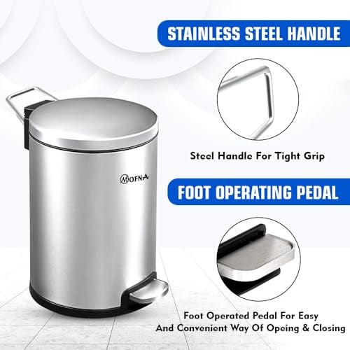 mofna Stainless Steel Plain Dustbin with Pedal, Trash Can, Wastebasket, Garbage Bin for Home, Office, Bathroom, Bedroom, Toilet, Outdoor, Indoor and Kitchen, (7x10 In -5 Liter, Silver), Pack of 2 - Image 3